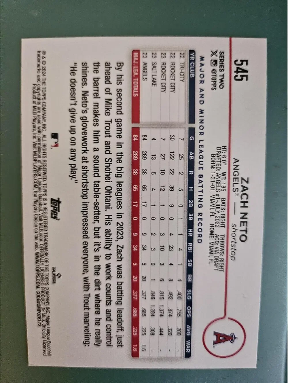 2024 Topps - Zach Neto - Los Angeles Angels #545 Future Stars